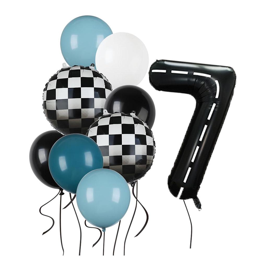 9pcs Race Car Balloons Set Checkered Balloon Blue Black Balloon Boys One Happy 1st 2nd Vintage Two Fast Theme Party Number Decor