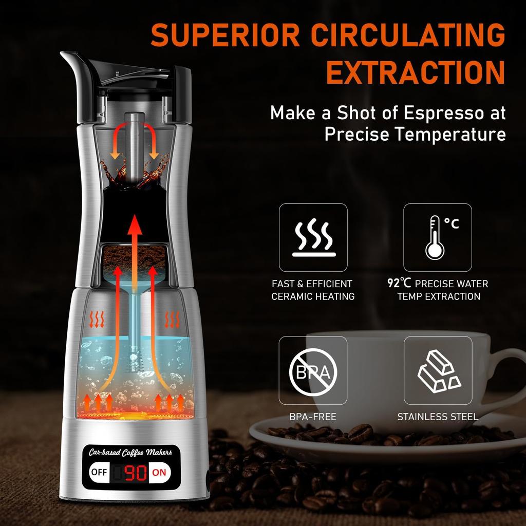 Macchina da Caffè Portatile 12V/24V Macchina Espresso Compatta per Guidare Ufficio Casa con Display a Schermo LED Riscaldamento Rapido Riscaldamento