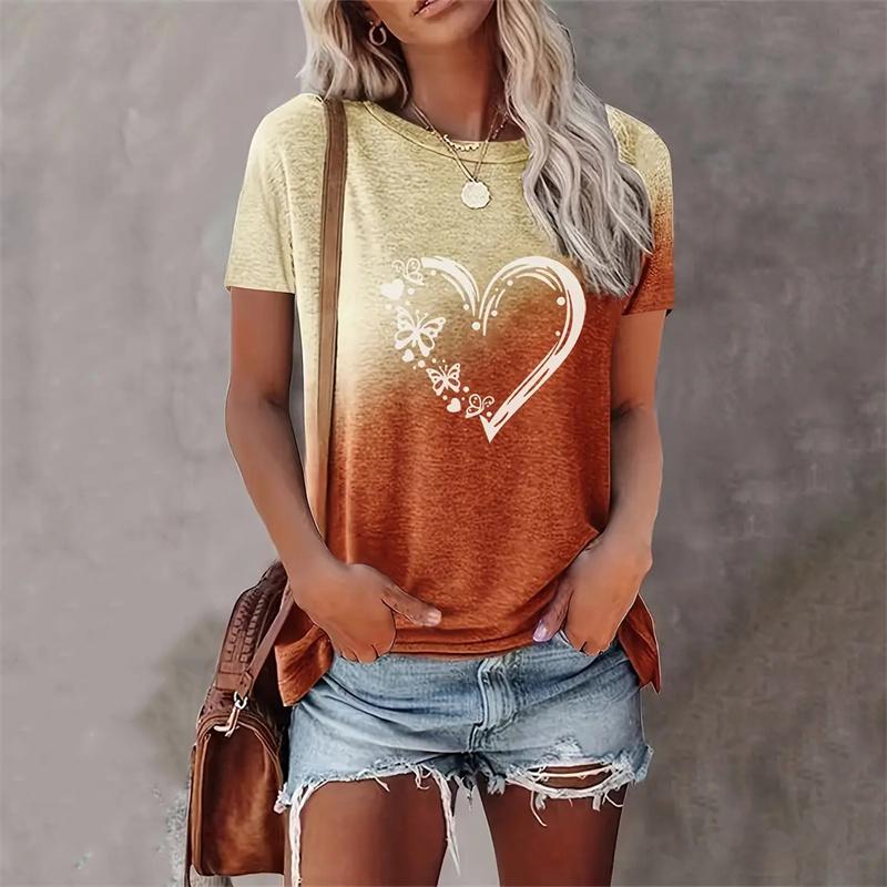 Colorful Gradient T Shirt For Women Love Heart 3D Printed Tee Summer Oversized Tops Short Sleeves Round Neck T-Shirts Streetwear