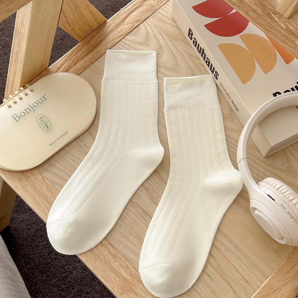 Women's Autumn and Winter Thick Pile Socks, Pure Cotton Mid-calf Long Socks, Versatile Autumn White Loose Cotton Socks for Women