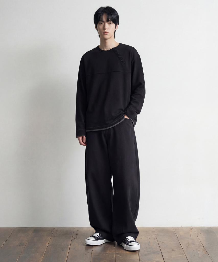 Awodeijeu Layered Stripe Henley Neck Long Sleeve [Black]