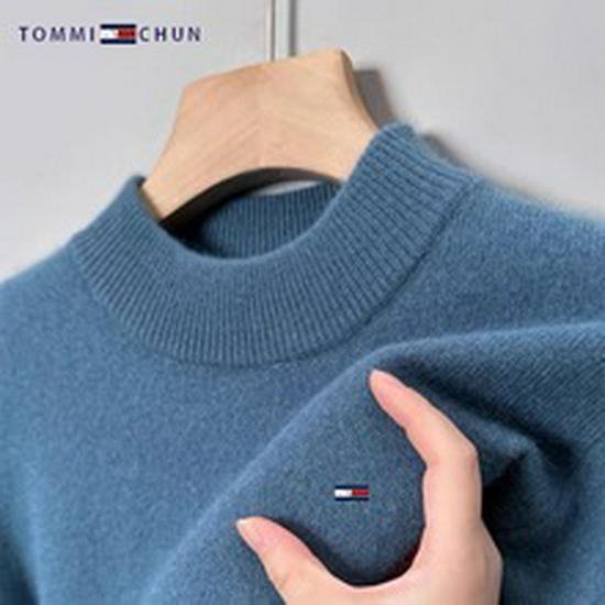 Autentyczny męski sweter Tommy z kaszmiru, z długim rękawem - Jednolity kolor, Haftowany, Kołnierz, Duży rozmiar, Uniwersalna dzianinowa baza.
