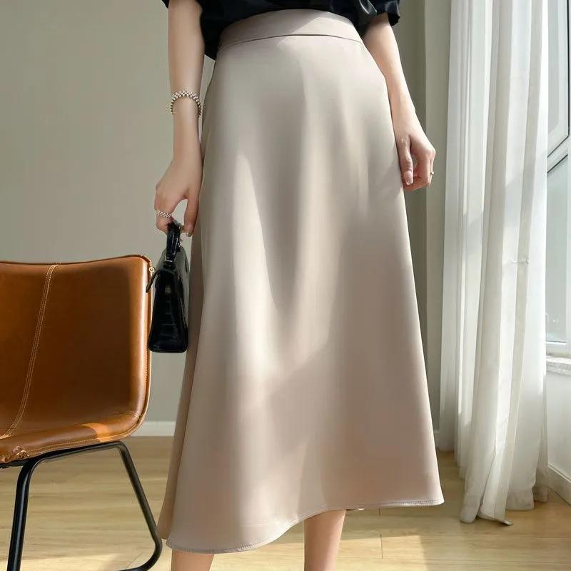Women's Satin Midi Skirt Elegant High Waist A-line Flowy Silky Smooth Solid Color Casual Skirt