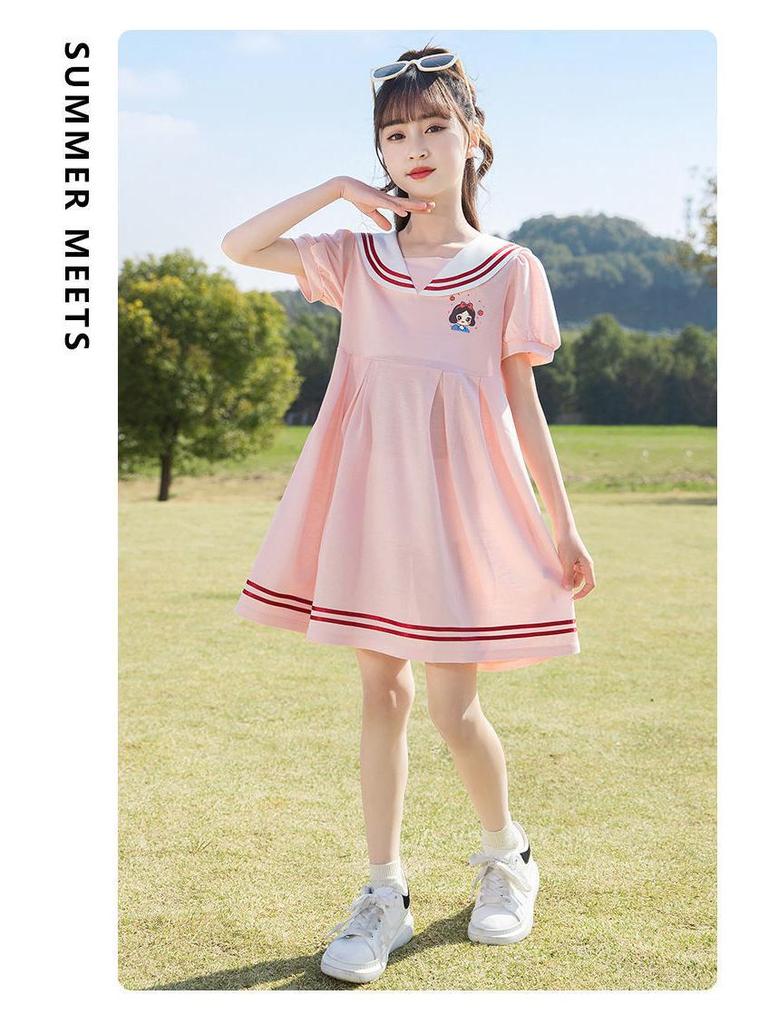 Rochie de vară pentru fete cu guler bleumarin - Rochie de prințesă elegantă cu croială lejeră pentru copii de mărime medie și mare