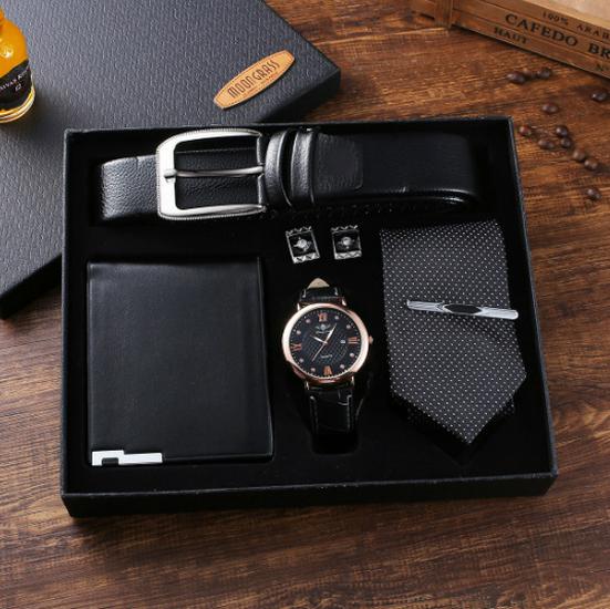 Luxury Gift Set: Belt, Wallet, Tie, Large Dial Quartz Watch (Random Cufflinks & Tie)
