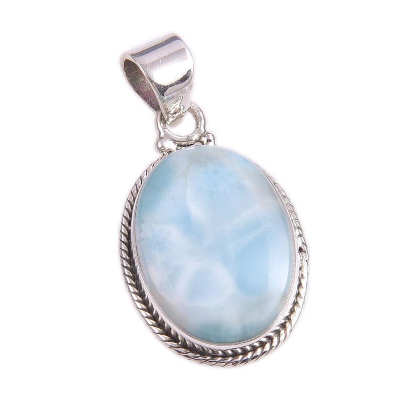 Pendentif Pierre Précieuse Larimar Naturel Fait Main Argent Massif 925 1,5" m6e71