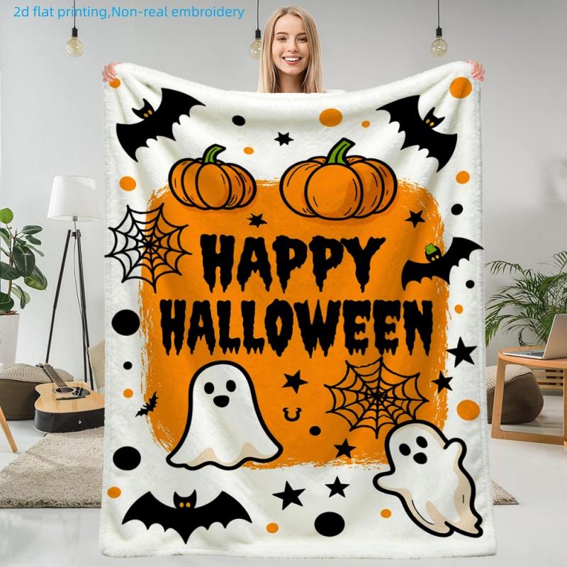 1pc Halloween Themed Printed Blanket, Pumpkin And Ghost Pattern, Multi-Size Available, Suitable for Living Room, Bedroom, Study, Office, Outdoor Activ
