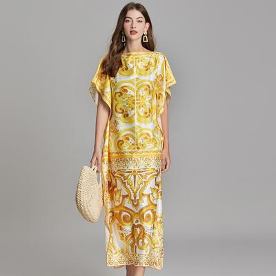 Summer Women Elegant Slash Neck Designer Print Long Maxi Straight Holiday Party Dresses