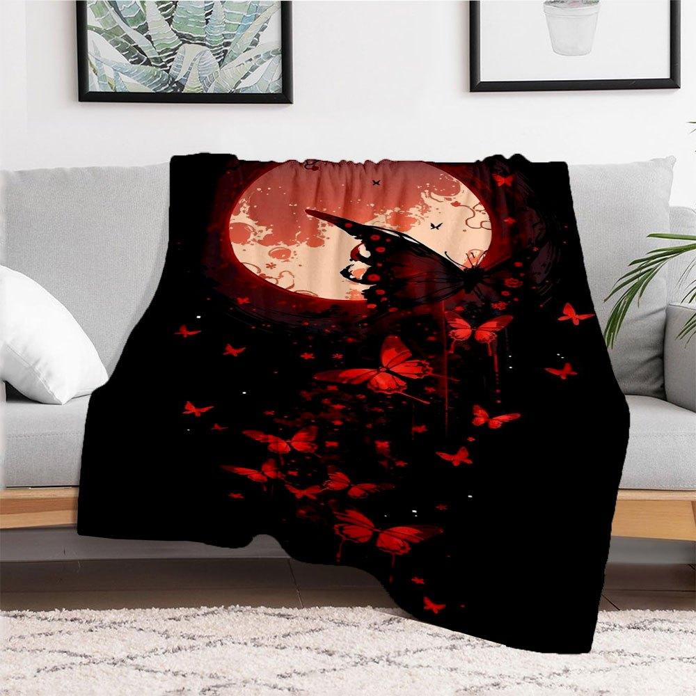 "Red Butterfly Moonlit Night Wall Art Print"Blanket Flannel Throw Blanket for Sofa, Bed, Travel, Camping, Office