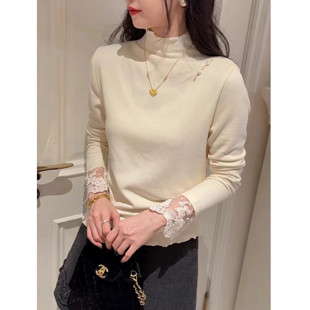 Women s High Neck Lace Ruffle Thermal Long Sleeve Top Extra Large абрикосовый