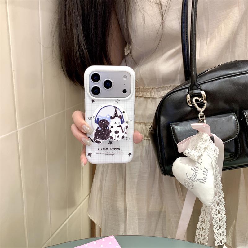 Korean Plaid Cat Headphones Magnetic iPhone Case for 17 Pro Max/16/15/14