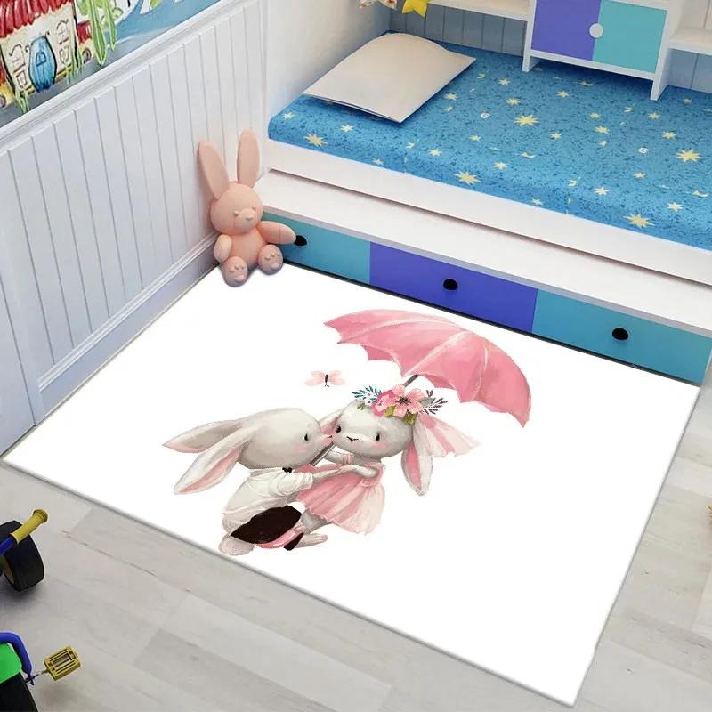 Bunny Carpet For Easter Living Room Decor Lovely Cartoon Rabbit Print Crawling Mat Doormat Area Rug Bedroom Bathroom Floor Mats