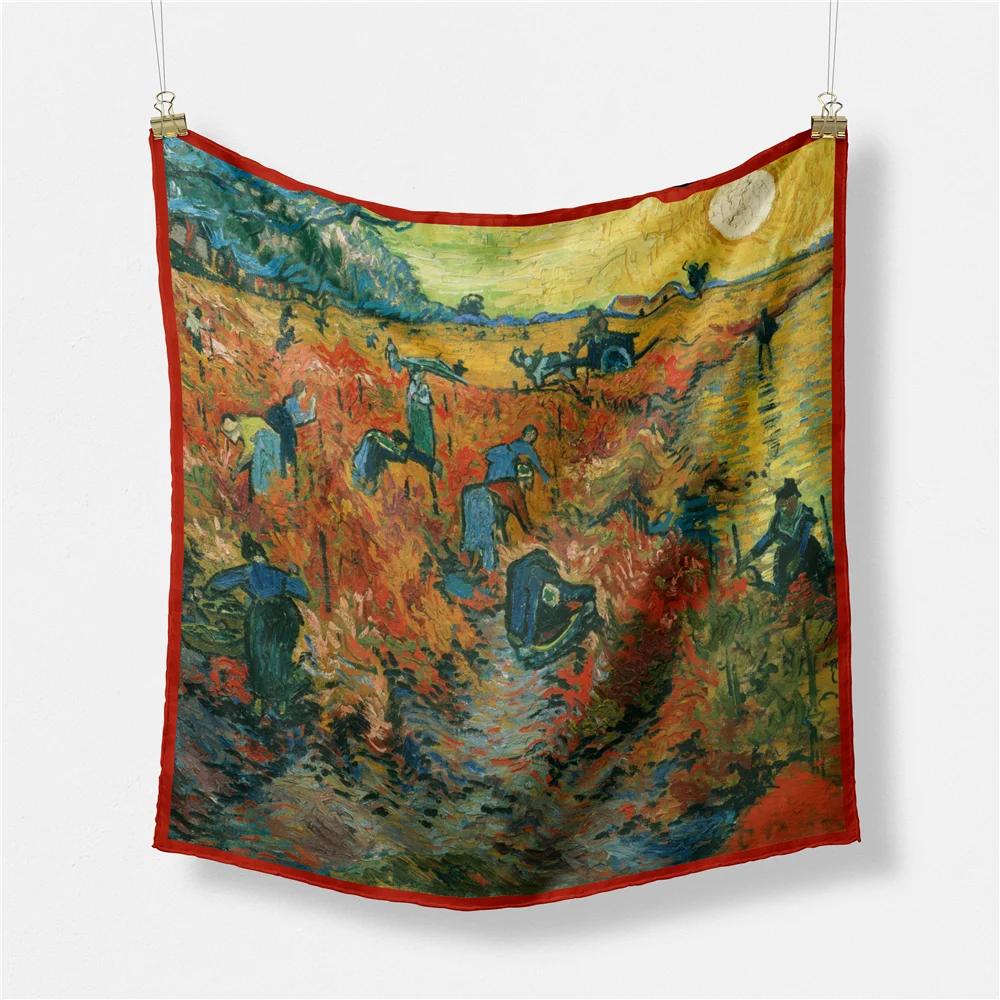 Van Gogh Oil Painting Silk Scarf Fashion Women 53cm Square Scarves Bandana Head Scarf Neck Tie Band Professional Neckerchief