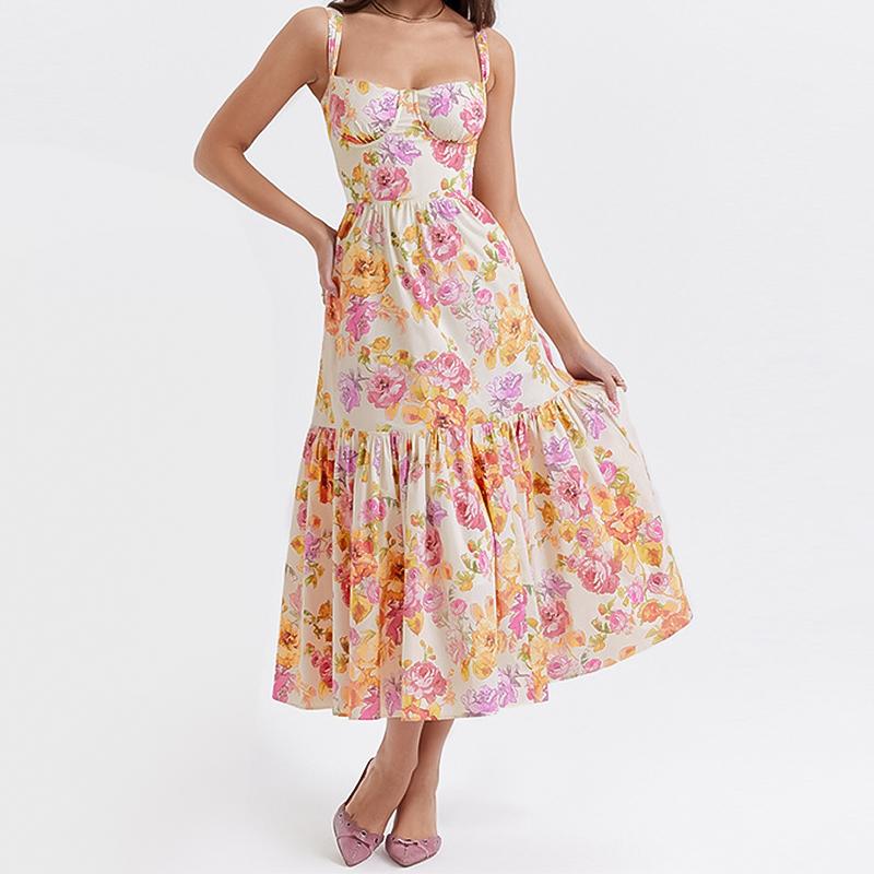 Dámské letní dlouhé šaty Volné Módní Ležérní Květinový potisk Bez rukávů Letní šaty