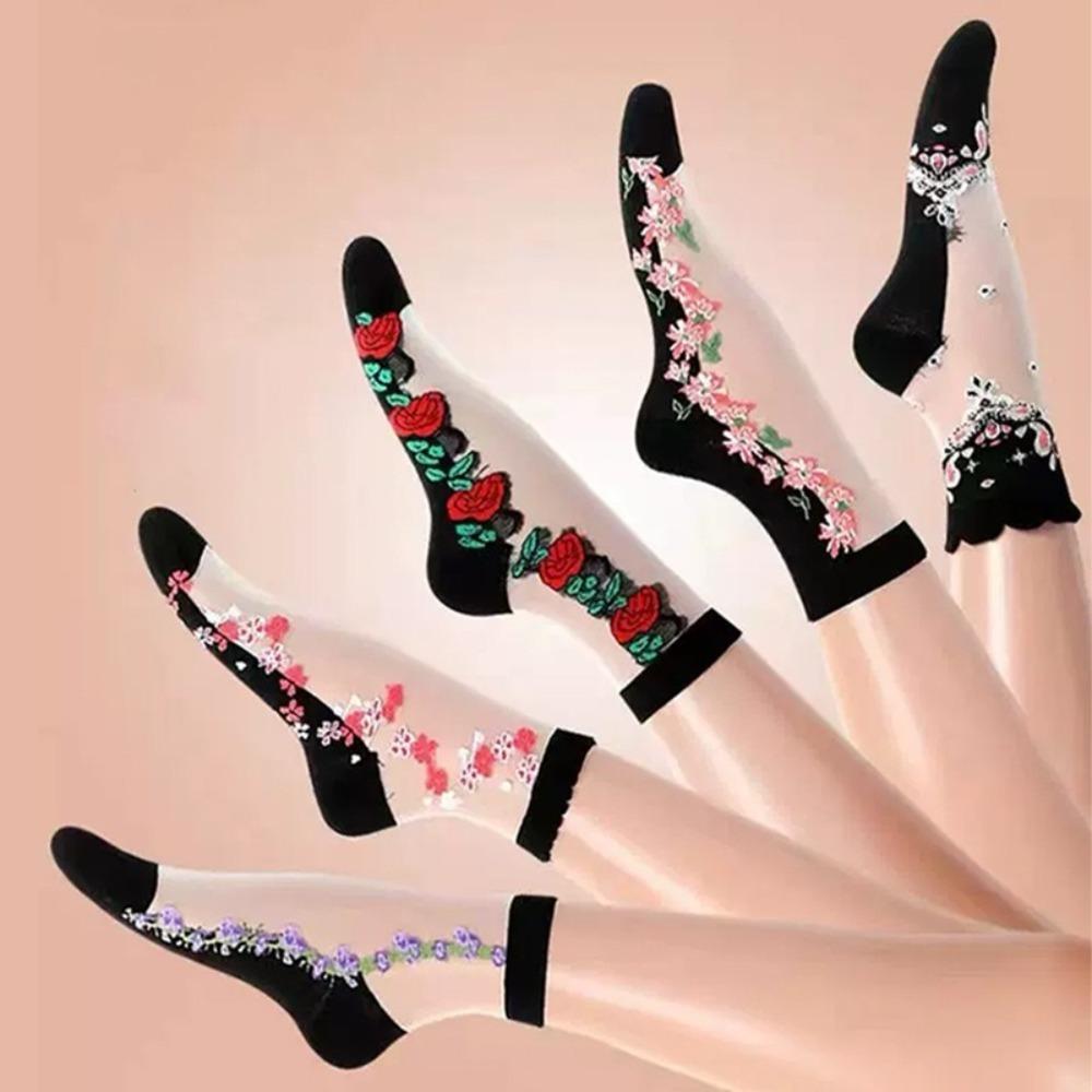 5 Pairs Flower Embroidery Calf Socks Breathable Hosiery New Ankle Sock  Summer