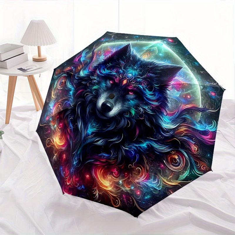 

1pc Psychedelic Journey Wolf Cartoon Umbrella, Portable 3-Fold Compact Umbrella, Suitable for Camping, Hiking and Travel, Ideal Easter Birthday G
