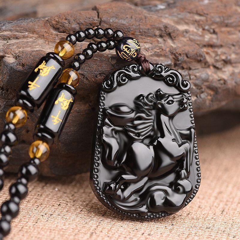 Fashion Chinese Style Zodiac Obsidian Carving Animal Horse Pendant Charm Men and Women Couple Amulet Necklace