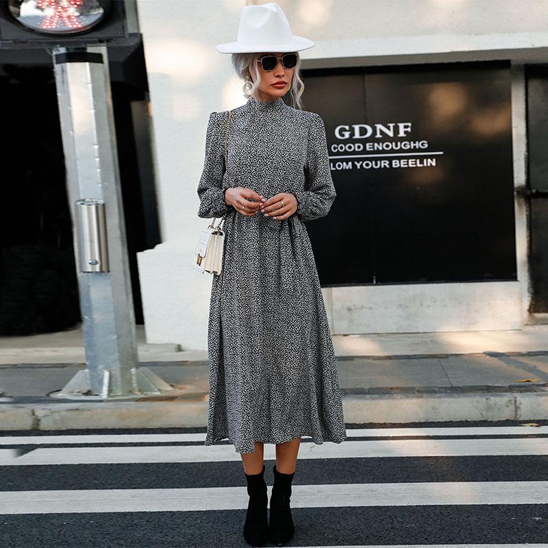 YYFS Moda damska Lampart Print Letnia wiosna Z długim rękawem Półgolf Casual Sukienki