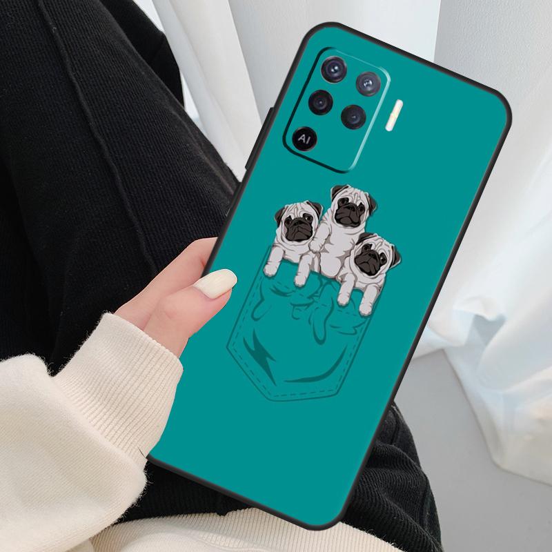 Funny Cartoon Pug Case For Oppo A96 A76 A16 A60 A98 A58 A78 A18 A38 A80 A40 A77 A57 A17 A74 A54 A94 A15 A5 Pro