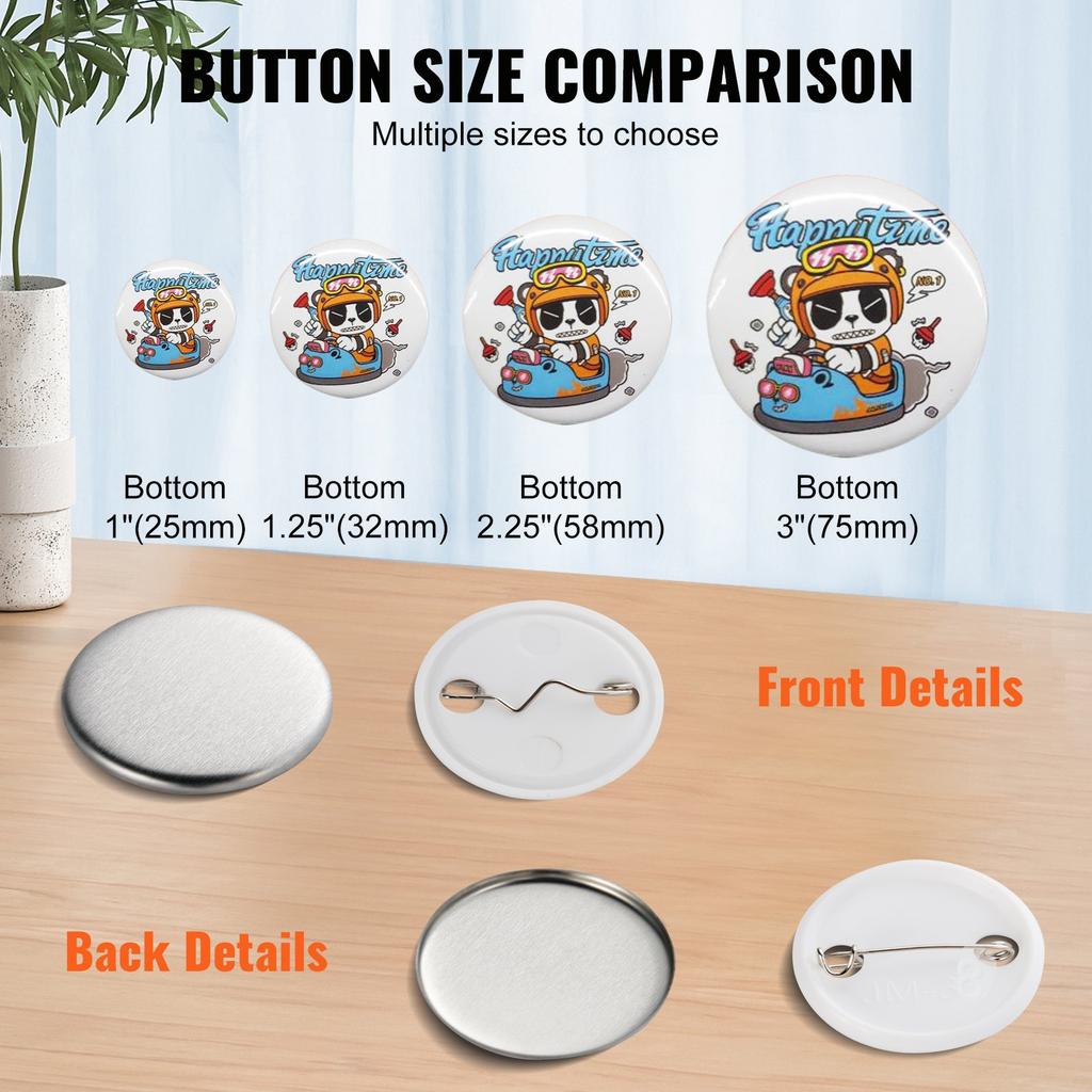 VEVOR 500 Sets 1.25 inch 32mm Pin Back Button Parts, DIY Round Button Badge Parts, Set Includes Metal Top, Plastic/Metal Button, Clear Film