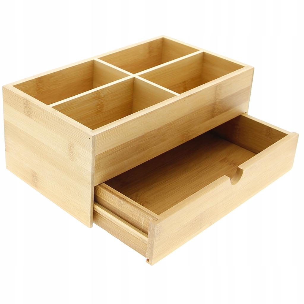 Bamboo Box Organizer Container For Nail Polishes And Cosmetics With 4 Compartments