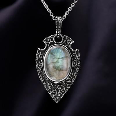 Silver Necklace Pendant Large Oval 10*14MM Natural Moonstone Retro Bohemian Style Necklace Pendant Party