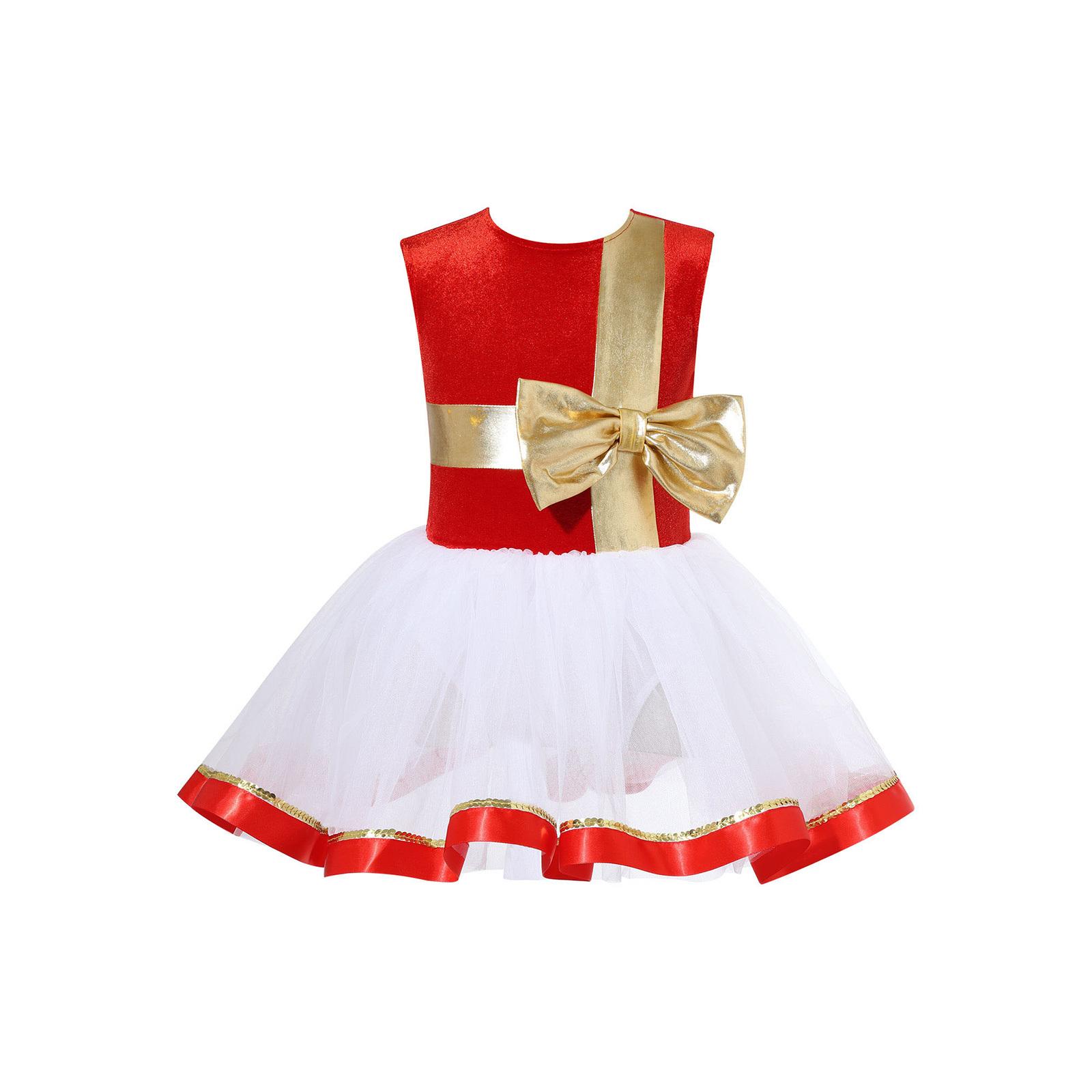 

Girls Christmas Dance Dress Sleeveless Keyhole Back Patchwork Bow Sequin Design Leotard Party Costume Santa Theme 3-4 Years червоний