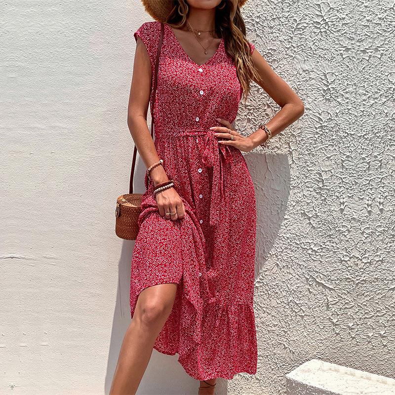 Popular 2026 women s new holiday style print sleeveless lace-up dress S красный