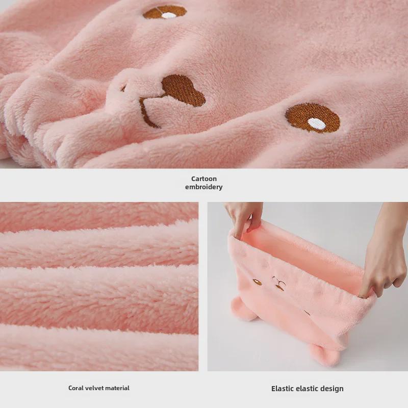 Tecknad Broderad Björn Korallfleece Hårhätta - Snabbtorkande & Absorberande