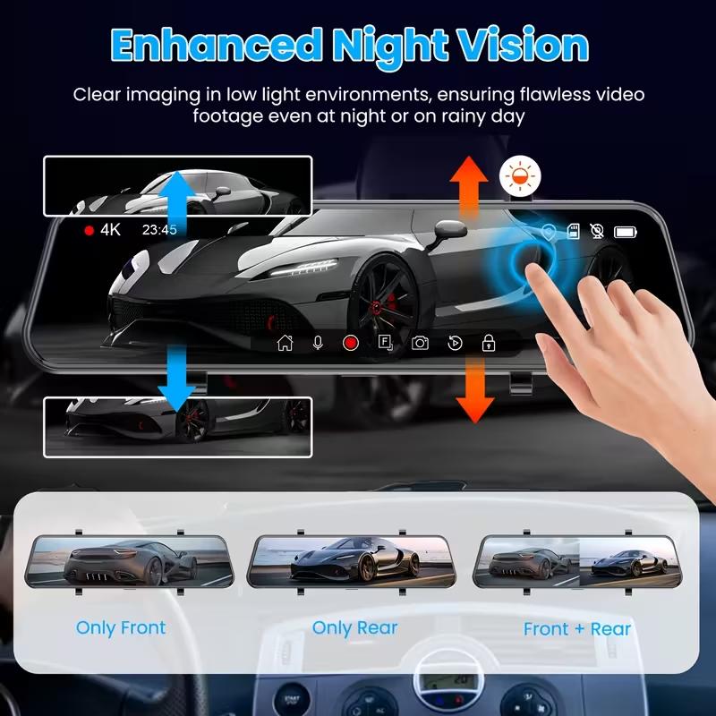 10" 4K Mirror Dash Cam for Cars, 4K Front and 1080P Rear View Backup Camera with Full Touch Screen, 170° Wide Angle, Night Visio