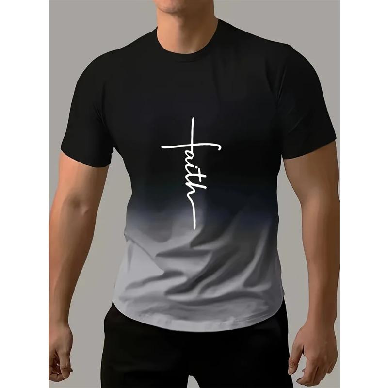 Men's Casual T Shirt Splicing Color Novelty Faith 3D Cross Symbol Printing Retro Summer Daily Top Shirt