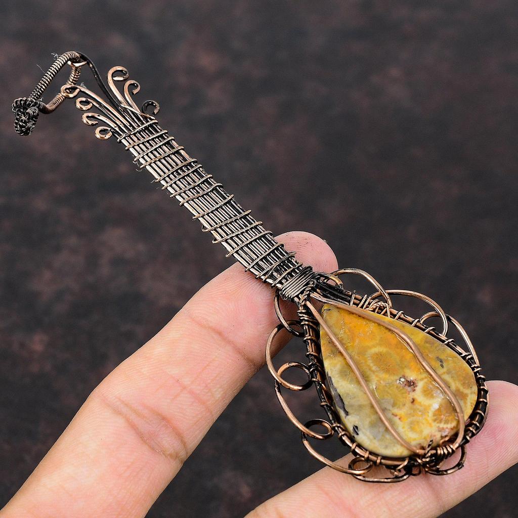 Fossil Coral Copper Pendant Wire Wrapped Gemstone Pendant Guitar Pendant For Gift Designer Jewelry Handmade Pendant Music Instrument Jewelry