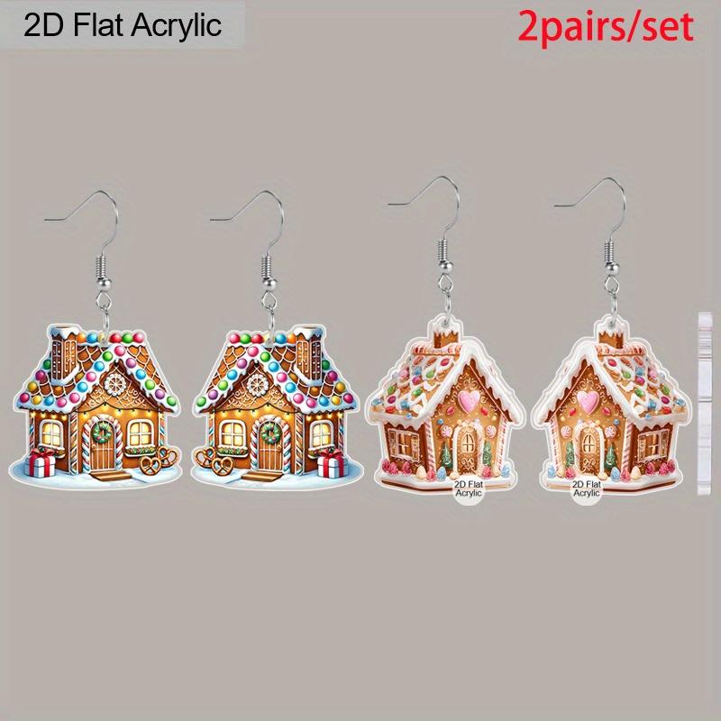 2D Flat 2pairs Christmas Candy House Acrylic Dangle Earrings, Perfect Gift for Women, Christmas Party Jewelry