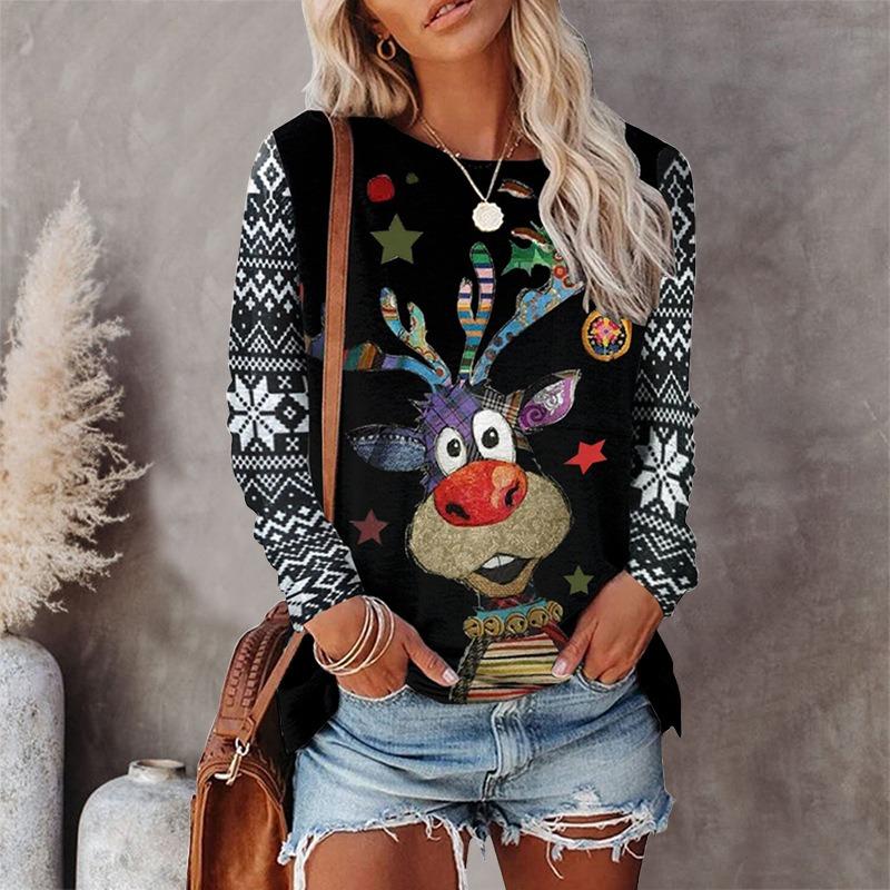 Cartoon Christmas Deer T-shirt moda donna manica lunga Autunno Inverno Street Hip Hop Pullover Top girocollo T-shirt natalizie