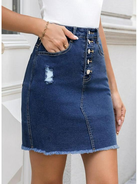 

Women s High Waist Ripped Denim Mini Skirt - Slim Fit, Raw Hem, Single-Breasted, European & American Style XXL синій