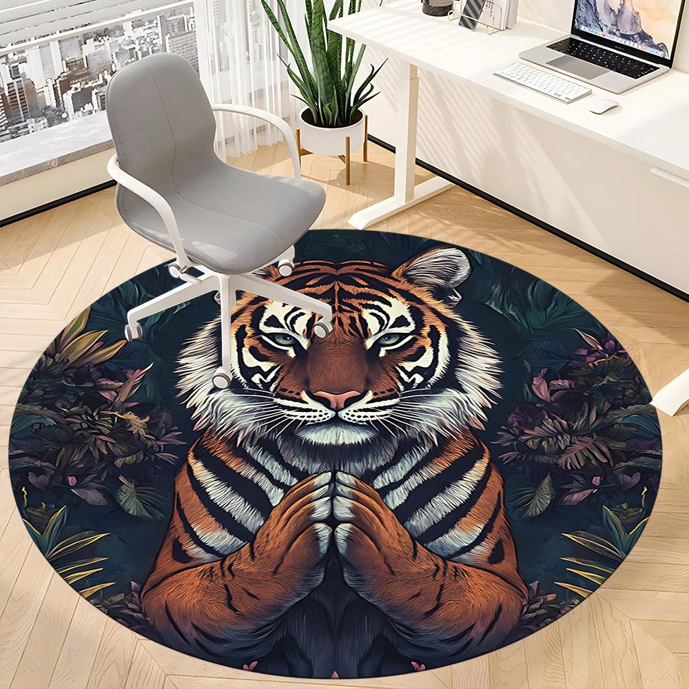 1pc Tiger Print Carpet, Round Non Slip Durable Large Size Office Carpet, Suitable for Office