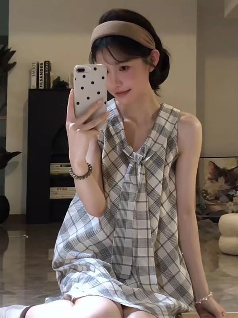 2026 summer new thin age-reducing navy collar niche vest short skirt college style plaid lace-up women's dress