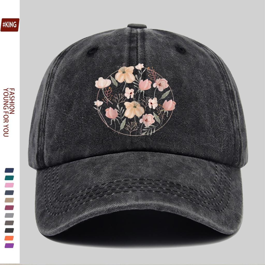 Floral Print Washed Baseball Cap Aesthetic Design Adjustable Cotton Outdoor Casual Hat