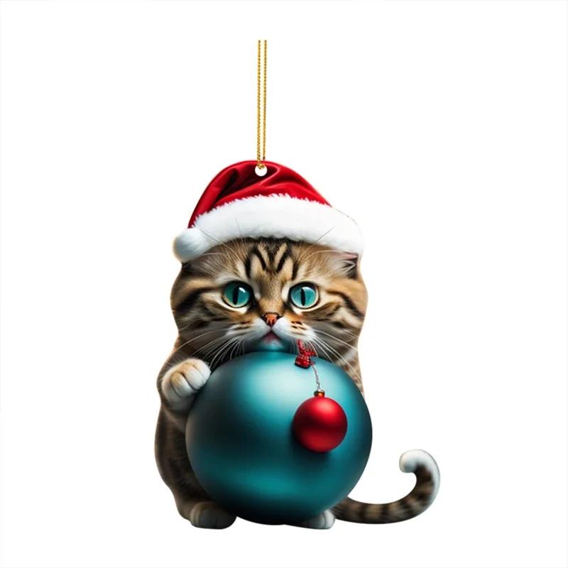 1-10PCS Christmas Acrylic Car Hanging Ornament Cat Santa Hat Tree Pendant Holiday Home Decoration Xmas Party Supplies