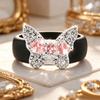 Trendy Sparkling Heart Butterfly Pink CZ Black Silicone Ring, Lightweight Flexible Band for Party & Casual Jewelry