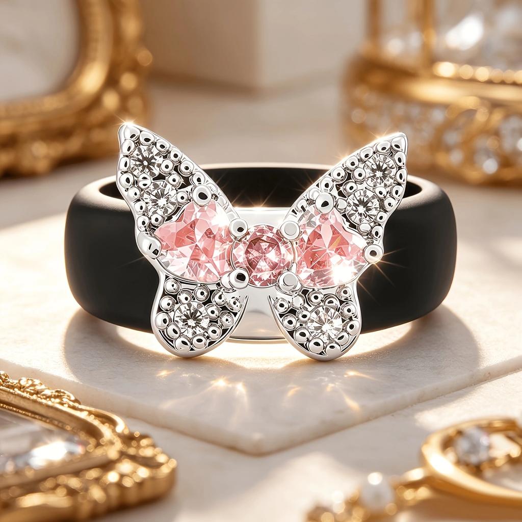 Trendy Sparkling Heart Butterfly Pink CZ Black Silicone Ring, Lightweight Flexible Band for Party & Casual Jewelry