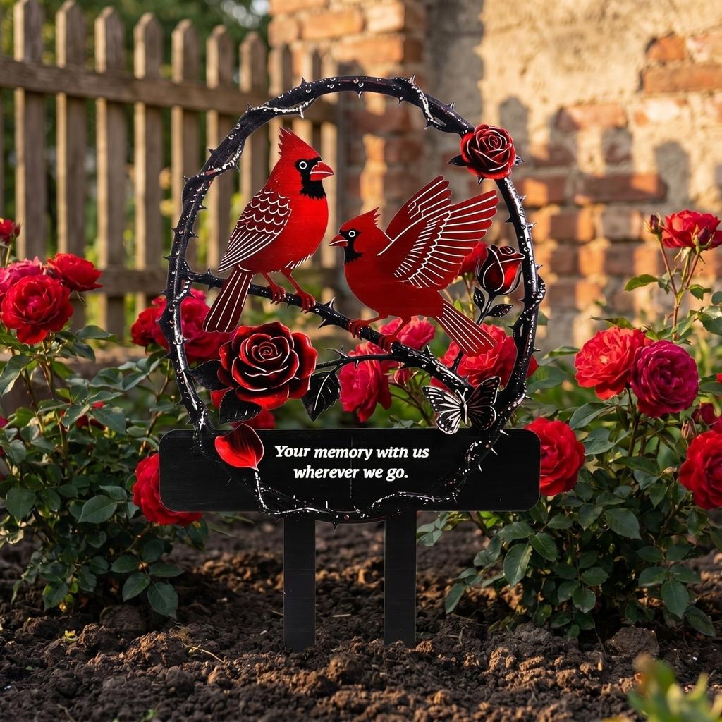 Memorial Garden Stake with Cardinal Bird and Rose Design for Cemetery Graveyard Remembrance Outdoor Decoration