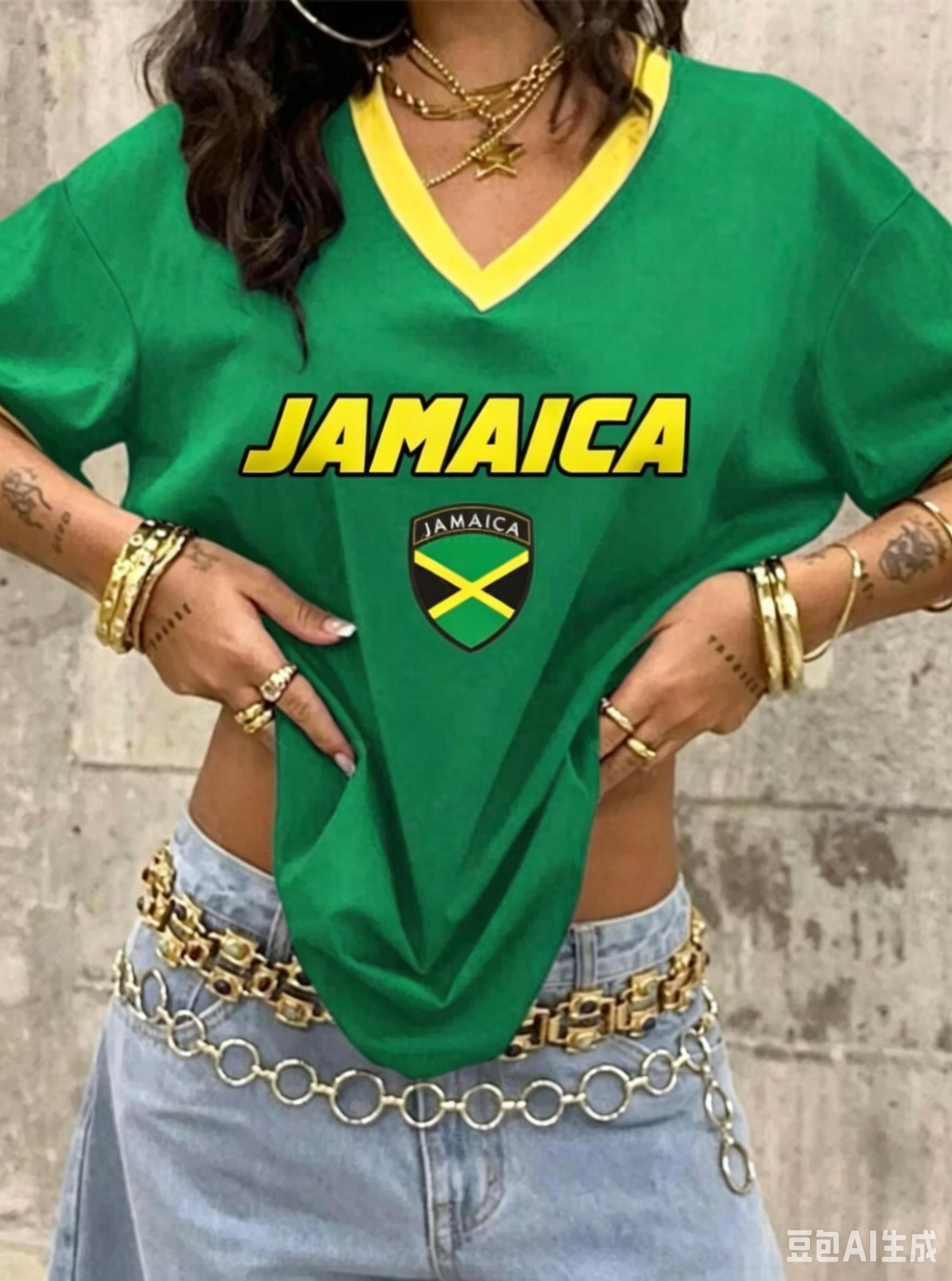 Summer Jamaican Style Flag Graphic Print V-Neck Women Short Sleeve T-Shirt Women Tops Retro Street Ladies Sport Plus Size Tops S
