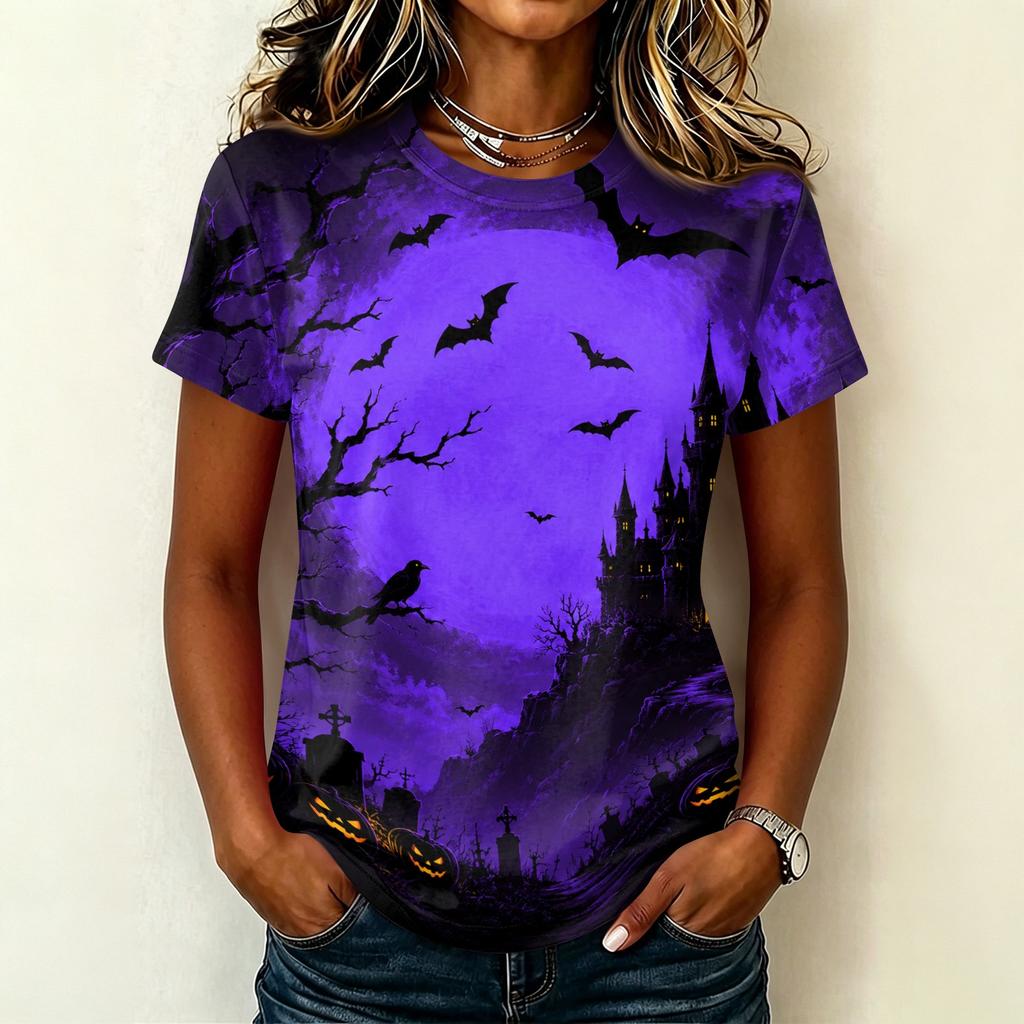 Womens Casual Pullover Short Sleeve T Shirt Halloween Graphic Print Top Lightweight Comfortable Fit