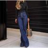 Jeans Retro a Vita Alta Slim Svasati Denim Lavato Vestibilità Elastica Pantaloni Lunghi Jeans Gamba Dritta Colore Blu Stagione Primaverile Universale