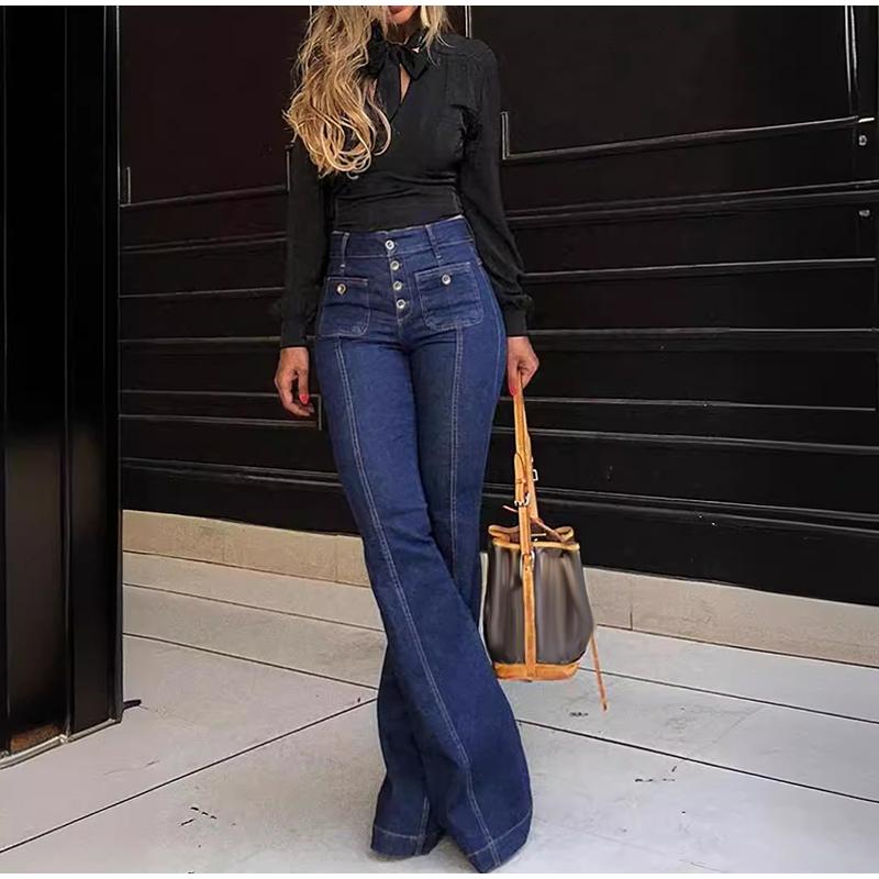 Jeans Retro a Vita Alta Slim Svasati Denim Lavato Vestibilità Elastica Pantaloni Lunghi Jeans Gamba Dritta Colore Blu Stagione Primaverile Universale