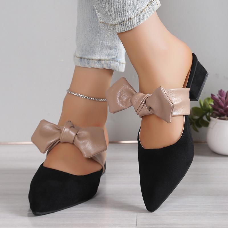 Fashion Medium Heel Slippers Summer New Pointed Head Shallow Mouth Suede Butterfly Knot Anti-slip Wear-resistant Square Heel Shoes