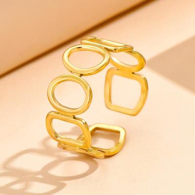 Retro Stainless Steel Geometric Open Ring with Hollow Rectangle Oval Design