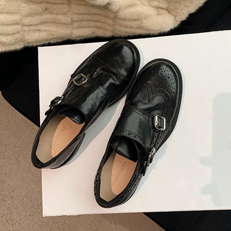 

Виноградная мать того же стиля, Хаттон Колледж~ Усадочная лошадиная кожа двойная пряжка круглый носок толстый каблук универсальные кожаные туфли в британском стиле женские 40