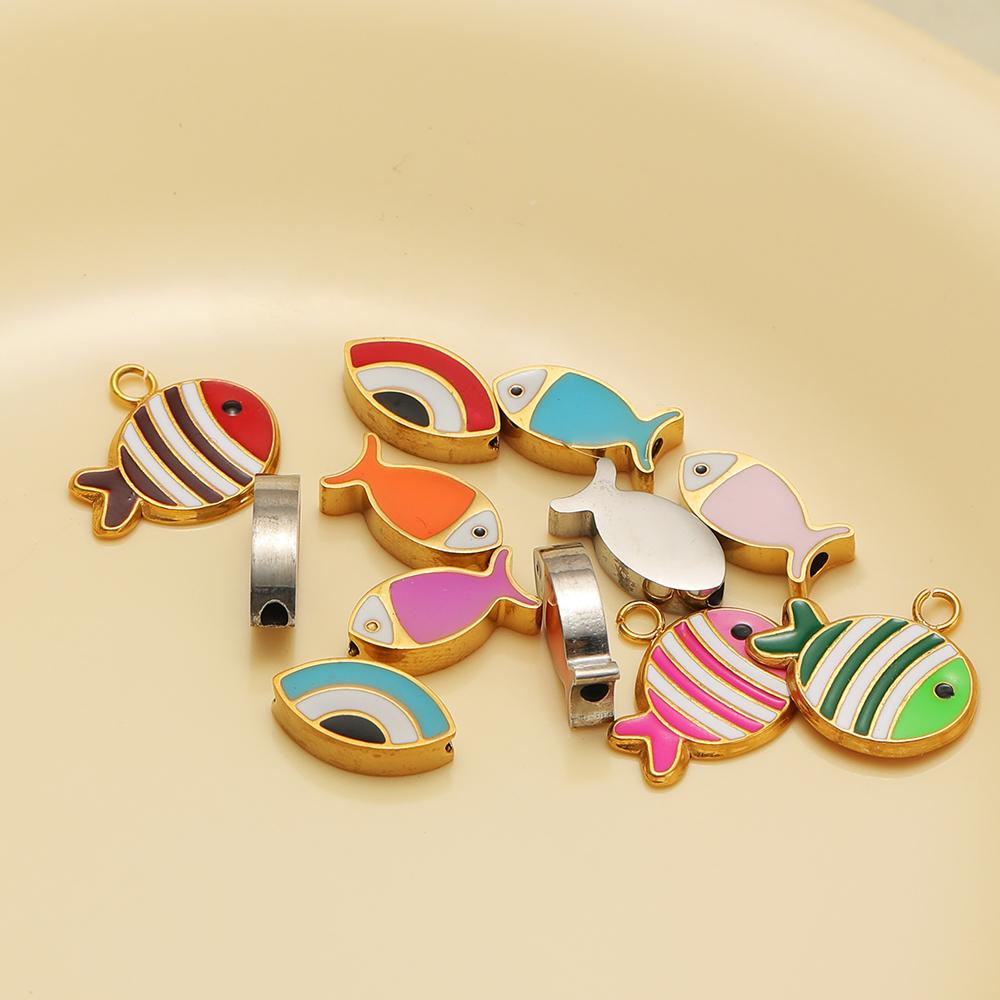 5Pcs Stainless Steel Gold Enamel Fish Beads Charms for DIY Jewelry Making Bracelet Making Children Necklace Findings Wholesale